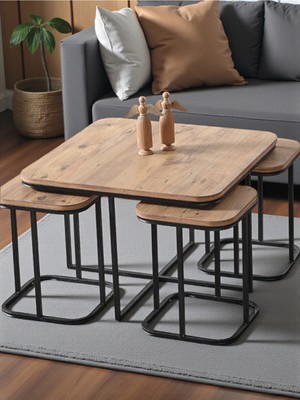 Sedaş Living Units Pelikan 4+1 Antik Çam Ahşap Siyah Metal Ayak Takım Sehpa Sedaş_lıvıng_unıts_sehpa