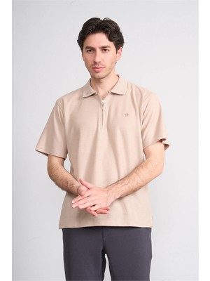 Çetinkaya Chester Polo 4727 Fermuarlı Polo Yaka Regular Jakarlı T-Shirt Bej