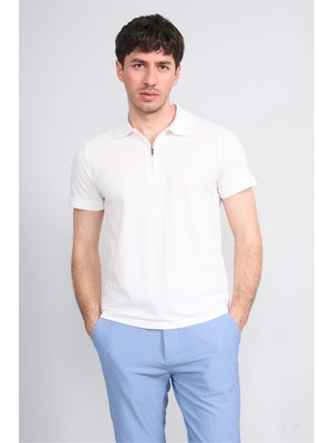 Çetinkaya Mentality 4612 Fermuarlı Polo Yaka Regular Modelli T-Shirt Beyaz