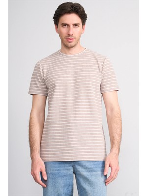 Çetinkaya Mentality 4540 Bisiklet Yaka Regular Çizgili T-Shirt Bej