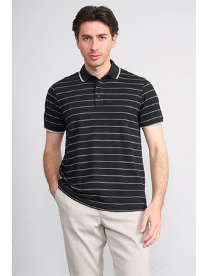 Çetinkaya Mentality 4557 Polo Yaka Regular Çizgili T-Shirt Siyah-Beyaz