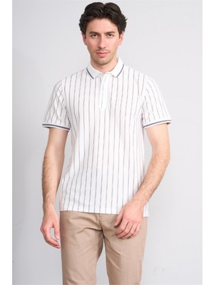Çetinkaya Mentality 4564 Polo Yaka Regular Çizgili T-Shirt Beyaz-Gri