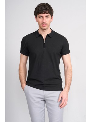 Çetinkaya Mentality 4601 Fermuarlı Polo Yaka Regular Modelli T-Shirt Siyah