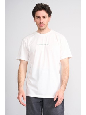 Çetinkaya Mentality 4642 Bisiklet Yaka Regular Baskılı T-Shirt Krem