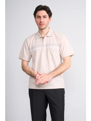 Çetinkaya Mentality 4712 Polo Yaka Regular Ringel Jakar T-Shirt Bej