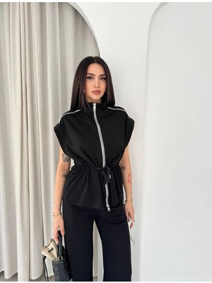 Win Moda Kadın Baggy Pantolonlu Fermuarlı Biyeli Yelek Takım (Sokak Stili)