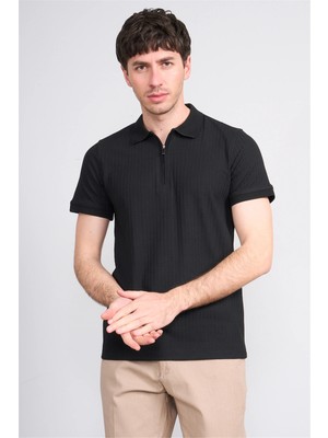 Çetinkaya Mentality 4610 Fermuarlı Polo Yaka Regular Modelli T-Shirt Siyah