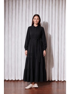 Nurcan Çetin 26134 Nakış Detaylı Kuşaklı Cotton Elbise