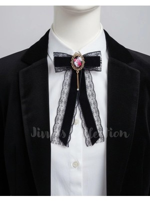 Jivva's Collection Siyah Kadife Kadın Fiyonk Broş. Taşlı Sallantılı Detaylı Fiyonk Broş .boyun Kravat