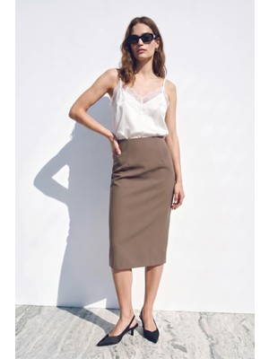 Sateen Düz Kalem Etek - Vizon