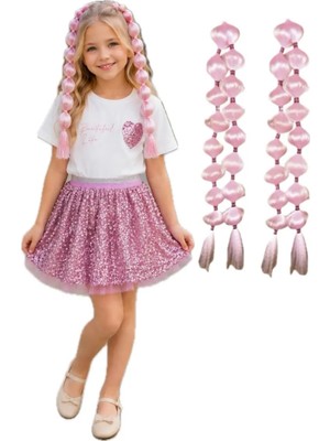 3b Kids Kız Çocuk Pullu Tütü Etek Barbii Etek 2 Li Kız Çocuk Etek Takımı Pembe Etek Pullu Etek + Pembe Babble Saç 3 Lü Takım (kalıbı büyüktür )