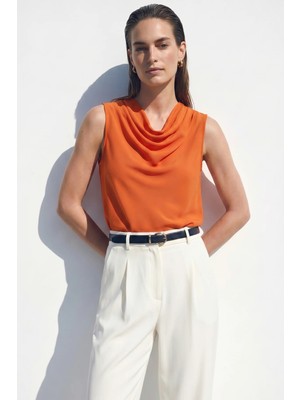 Sateen Degaje Yaka Kolsuz Bluz - Oranj
