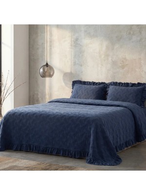 Ecocotton Tanya Çift Kişilik Pike Yatak Örtüsü Takımı %100 Pamuk Dokuma Lacivert 260X240 cm
