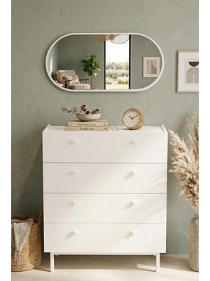 Robin Home Oval Aynalı Geniş Şifonyer 8 Çekmeceli Ahşap Ayaklı Beyaz