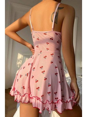 albonse Kadın Pembe Kiraz Desenli Ince Askılı Dantel Detaylı Fırfırlı Mini Gecelik Elbise Yumuşak Kumaş Romantik Gecelik