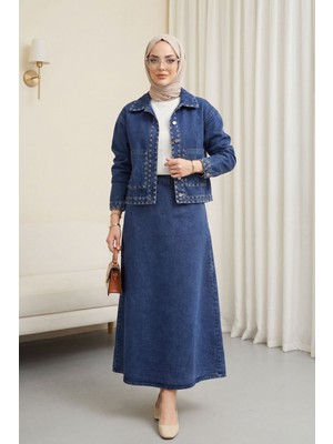 Moda Morfo Nakış Detaylı Çift Cepli Önü Düğmeli Etekli Kot Takım -Koyu Mavi