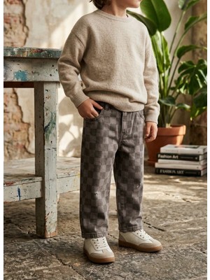 Baby Lory Kids Store Unisex Oversize Pamuklu Kahverengi Kare Desenli Pantolon