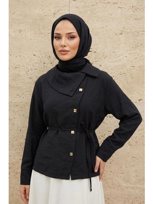Modestim Kadın Siyah Yaka Düğme Detaylı Belden Bağlamalı Şık ve Modern Tesettür Gömlek Tunik Yazlık