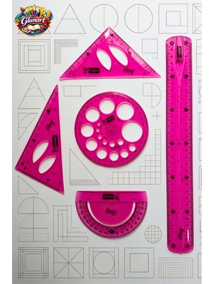 Glanart (Cetvel, Gönye, Açı Ölçer ve Daire Şablonu Seti ) 30 cm Esnek Kırılmaz Cetvel Takımı 5 Li Set