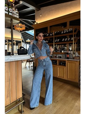 Asfaha Fashion Kadın Mavi Taş Işlemeli Crop Kot Ceket ve Wide Leg Pantolon Ikili Takım