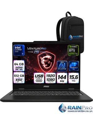 MSI Msı Venturepro 15 Intel Core 7 240H 64 GB Ddr5 512 GB SSD 8GB/RTX5050 15.6" Fhd 144HZ Windows 11 Pro Gaming Laptop Oyuncu Bilgisayarı A2RWEGRNP21