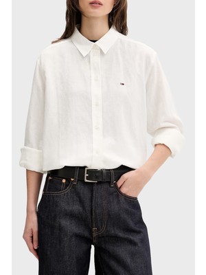 Tommy Jeans Logolu Keten ve Pamuk Karışımlı Uzun Kollu Gömlek Bayan Gömlek DW0DW22209 Ybl