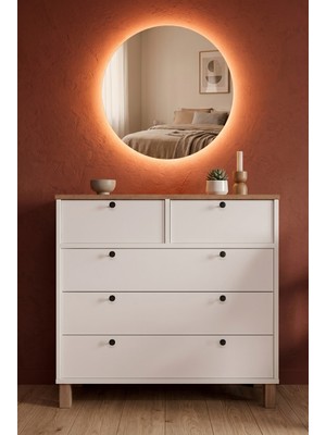 Robin Home LED Aynalı Şifonyer 5 Çekmece Ahşap Ayaklı Sepet-Beyaz