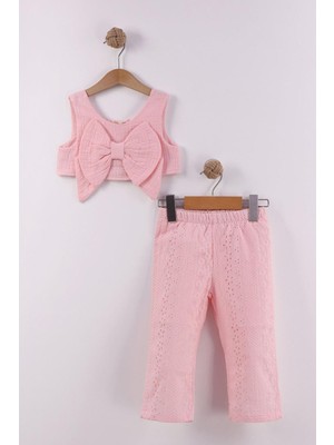 Miniğimin Cicileri Fiyonklu Crop Brode Pantolonlu Kız Çocuk Takım - Pembe