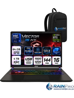 MSI Msı Vector 16 Hx Aı Intel Core Ultra 7 255HX 64 GB 4 Tb SSD 12GB/RTX 5070 TI/140W 16" Wuxga Windows 11 Pro Gaming Laptop Oyuncu Bilgisayarı A2XWHGRNP24