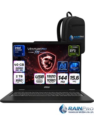 MSI Msı Venturepro 15 Intel Core 7 240H 40 GB Ddr5 2 Tb SSD 8GB/RTX5050 15.6" Fhd 144HZ Windows 11 Pro Gaming Laptop Oyuncu Bilgisayarı A2RWEGRNP15