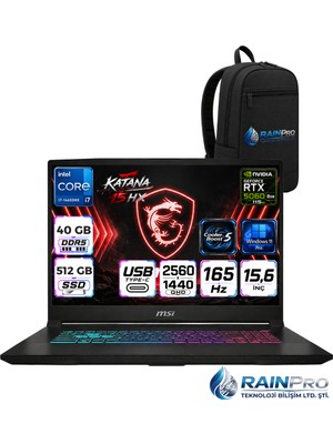 MSI Msı Katana 15 Hx Intel Core İ7-14650HX 40 GB Ddr5 512 GB SSD 8GB/RTX5060/115W 15.6" Qhd 165Hz Windows 11 Pro Gaming Laptop Oyuncu Bilgisayarı  B14WFKRNP13