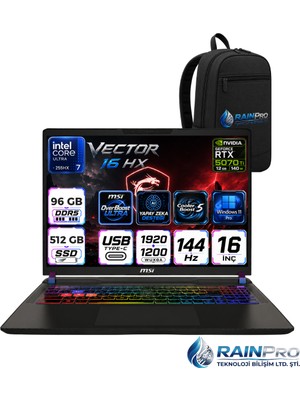 MSI Msı Vector 16 Hx Aı Intel Core Ultra 7 255HX 96 GB 512 GB SSD 12GB/RTX 5070 TI/140W 16" Wuxga Windows 11 Pro Gaming Laptop Oyuncu Bilgisayarı A2XWHGRNP29