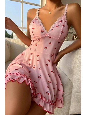 albonse Kadın Pembe Kiraz Baskılı Mini Elbise Askılı Şık Elbise