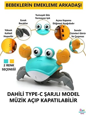 Brother Toys Emeklemeye ve Yürümeye Yardımcı Şarjlı Çarpma Sensörlü Sağa ve Sola Hareket Eden Oyuncak Yengeç Type-C Usb-Şarjlı