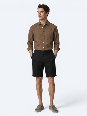 Kip Siyah Düz Dokuma Jogging Fit Casual Pamuk Karışımlı Bermuda