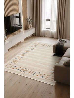 Cotto Home Stena SA005R Krem Bej Halı Modern Renkli Desen Pamuk Taban Salon Halısı Yatak Odası Koridor