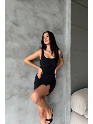 Asfaha Fashion Kadın Siyah Kare Yaka Yırtmaçlı Kalın Askılı Bodycon Mini Kot Elbise