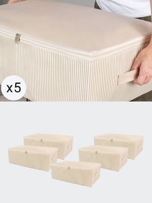 Empressco Nacarev 5 Adet Büyük Boy Krem Çizgi Desenli Baza Altı Düzenleyici Hurç Seti 60X40X20 cm - Fiyatı, Yorumları
