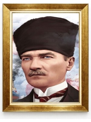 Atatürk Portresi ve Bandırma Vapuru Temalı Tablo - Altın Çerçeveli Sanatsal Illüstrasyon Kanvas