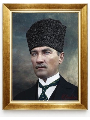 Kalpaklı Atatürk Portresi Renkli Tablo Altın Çerçeveli Milli Mücadele Temalı Dekor