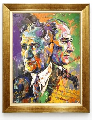 Modern Sanat Atatürk Portresi Renkli Yağlı Boya Efektli Gold Çerçeveli Tablo - Tasarım Kanvas Tablo