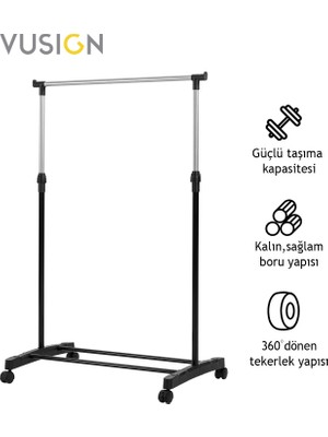 Vusign Vusıgn Tek Çubuklu Elbise Askısı Tekerlekli Metal Askılık 140X38X70 cm Gümüş