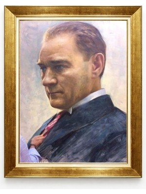 Atatürk Yan Profil Yağlı Boya Görünümlü Çerçeveli Tablo - Sanatsal Atatürk Kanvas Tablo