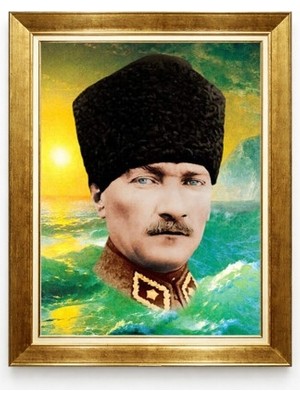 Deniz ve Gün Doğumu Temalı Atatürk Tablosu - Mavi Gözlü Dev Kalpaklı Portre Duvar Dekoru