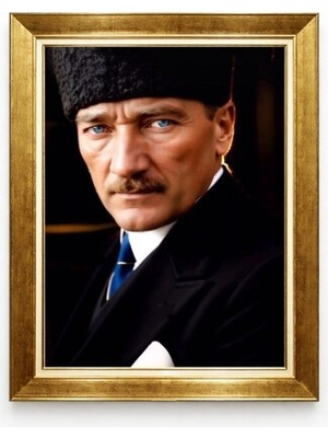 Atatürk Portresi Altın Varaklı Çerçeve Kanvas Tablo - Kalpaklı Karizmatik Bakış