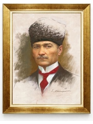 Atatürk Sanatsal Kalpaklı Portre - Kırmızı Detaylı Yağlı Boya Dokulu Çerçeveli Kanvas Tablo