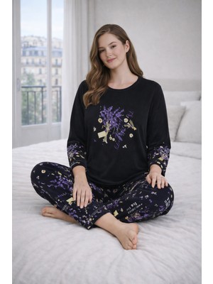 Kadın Büyük Beden Çiçek Desenli Uzun Kollu Pijama Takımı Rahat Kalıp Günlük Ev Giyim