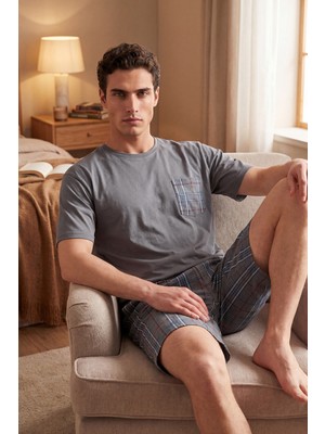 Buratti Kareli Pamuklu Regular Fit Şortlu Pijama Takımı Erkek Pijama Takımı 6572021