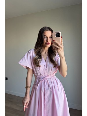Sue Store Pembe Beli Bağcık Detaylı Pileli Maxi Boy Düğmeli Elbise