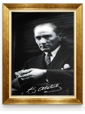 Giyense K. Atatürk Imzalı Kanvas Tablo - Nostaljik Siyah Beyaz Atatürk Portresi - Dekoratif Altın Çerçeveli Duvar Dekoru